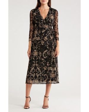 Connected Apparel Long Sleeve Wrap Style Mesh Dress - Black