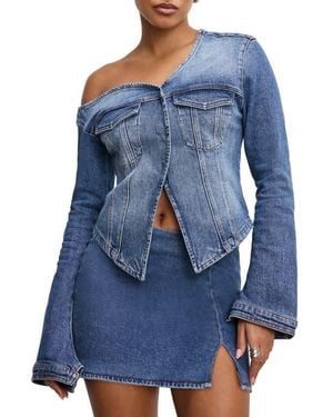 GOOD AMERICAN One-Shoulder Cutaway Denim Shirt - Blue