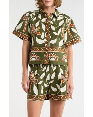 Halogen® Floral Print Short Sleeve Cotton Button-Up Shirt - Green