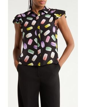 Alice + Olivia Eli Flutter Sleeve Silk Button-Down Blouse - Black