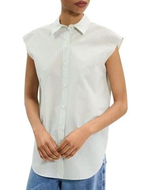 Theory Stripe Fixed Sleeve Cotton Blend Button-Up Shirt in White
