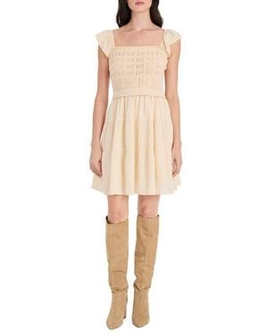 The Good Journey Flutter Sleeve Mixed Media Cotton Minidress - Natural