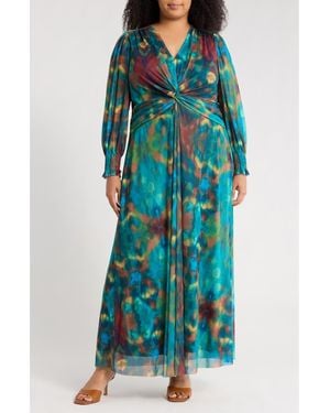 London Times Twist Front Bishop Sleeve Maxi Dress - Blue