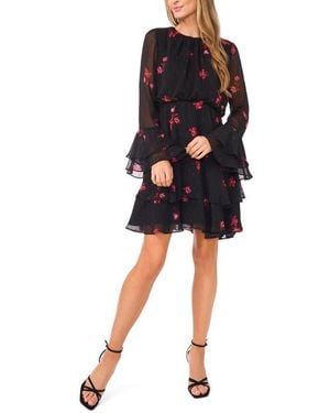 Cece Floral Ruffle Long Sleeve Chiffon Dress - Black