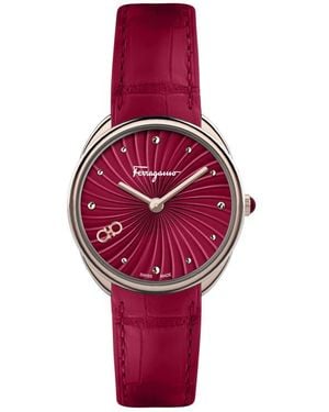 Ferragamo Guilloché Dial Embossed Leather Strap Watch - Red
