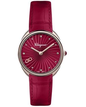 Ferragamo Guilloché Dial Embossed Leather Strap Watch - Red