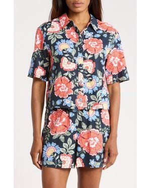 Ellen Tracy Floral Short Sleeve Crop Button-Up Shirt - Blue