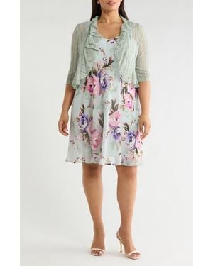 Connected Apparel Floral Chiffon Dress & Lace Shrug Set - White