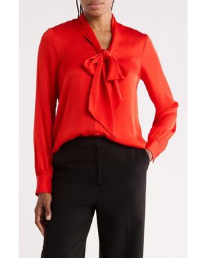 Tahari The Nicoletta Tie Neck Silk Stretch Satin Button-Up Shirt - Red