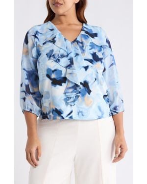 Anne Klein Cascade Ruffle Floral Print Top - Blue