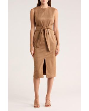 Calvin Klein Belted Faux Suede Midi Sheath Dress - Brown