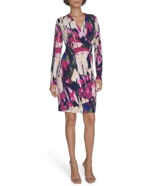 Calvin Klein Floral Long Sleeve Faux Wrap Dress - Red
