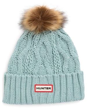 HUNTER Logo Cable Knit Faux Fur Pompom Fleece Lined Beanie - Blue