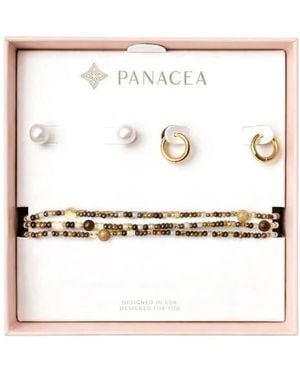 Panacea Faux Pearl Stud, Huggie Hoop Earrings & Beaded Stretch Bracelets Set - Natural