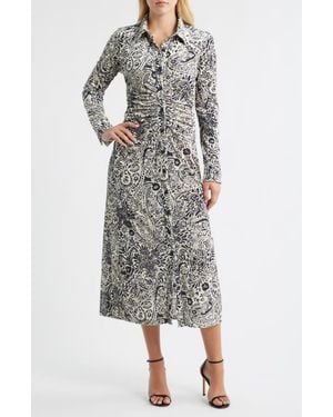 Julia Jordan Print Long Sleeve Velvet Midi Shirtdress - Gray