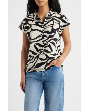 Ichi Animal Print Linen Blend Top - Blue