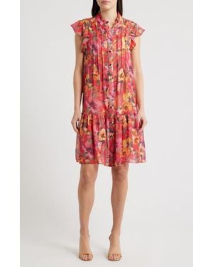 Julia Jordan Floral Print Pleated Ruffle Hem Dress - Red