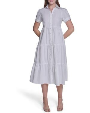 Calvin Klein Short Sleeve Cotton Tiered Maxi Dress - Purple