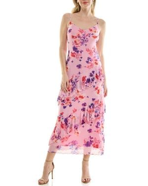 Bebe Print Mesh Ruffle Maxi Dress - Pink