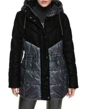 Andrew Marc Velvet Panel Hooded Puffer Jacket - Black