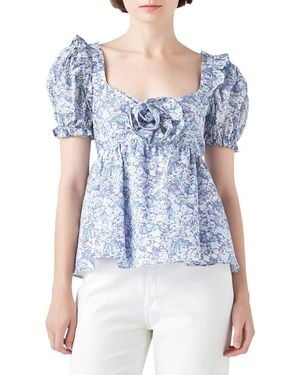 English Factory Floral Print Cotton Top - Blue