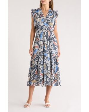 Sandra Darren Ruffle Sleeve Midi Dress - Blue