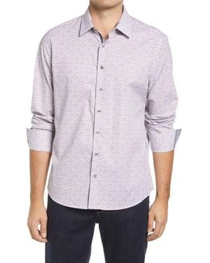 Stone Rose Wine Glass Print Stretch Button-Up Shirt - Purple