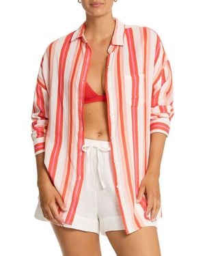 Sea Level West Coast Beach Stripe Cover-Up Shirt - Red