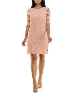 Nina Leonard Jewel Neck Lace Dress - Pink