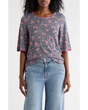 Bobeau Whipstitch Trim Print Knit Top - Blue