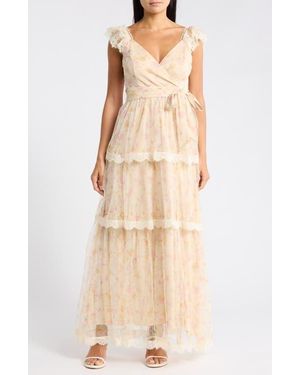 Lulus Lucia Cap Sleeve Lace Tiered Maxi Dress - Natural