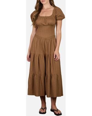 Blu Pepper Stripe Textured Puff Sleeve Tiered Midi Dress - Brown