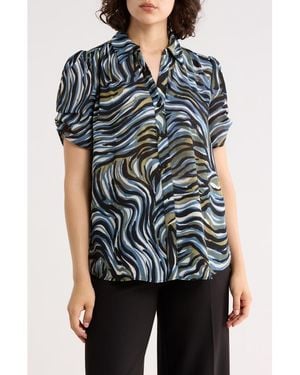 Adrianna Papell Patterned Pinch Sleeve Button-Up Shirt - Blue