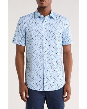 Bugatchi Print Short Sleeve Button-Up Shirt - Blue