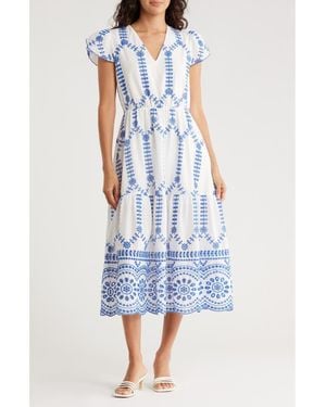 AREA STARS Ani Embroidered Eyelet Cap Sleeve Midi Dress - Blue