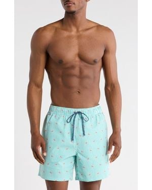 Rainforest Flamingo Seersucker Swim Trunks - Blue