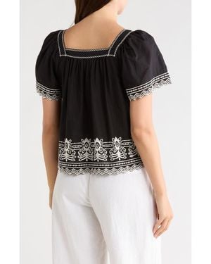 Max Studio Embroidered Short Sleeve Cotton Top - Black