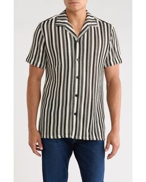 T.R. Premium Textured Stripe Knit Short Sleeve Button-Up Shirt - Black