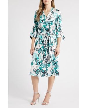 Ming Wang Abstract Print Tie Waist A-Line Midi Dress - Blue