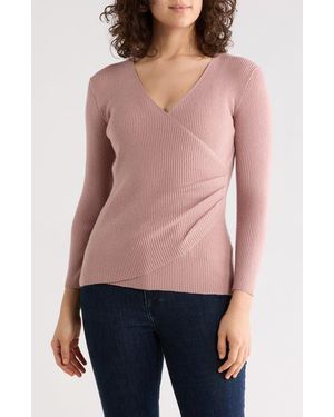 Max Studio Three-Quarter Sleeve Faux Wrap Sweater - Pink