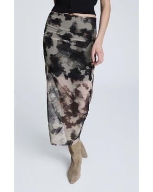 Kenneth Cole Printed Mesh Side Ruched Midi Skirt - Black