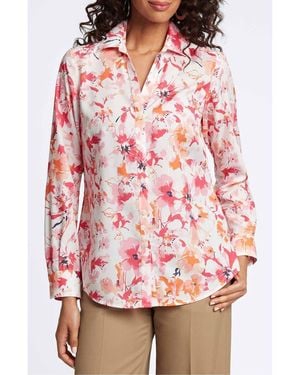 Foxcroft Mary Watercolor Print Cotton Button-Up Shirt - Red