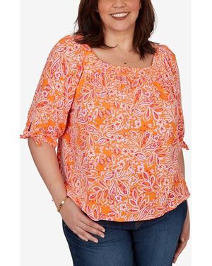 Ruby Rd. Floral Three-Quarter Sleeve Slub Top - Orange