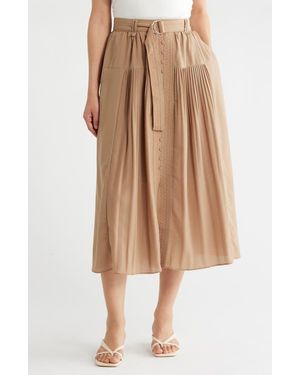 Adrianna Papell Belted Button Front Pleated Midi Skirt - Natural