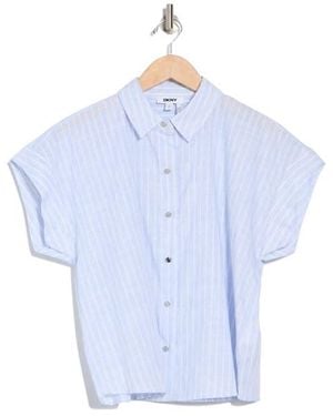 DKNY Short Sleeve Cotton Poplin Button-Up Shirt - Blue