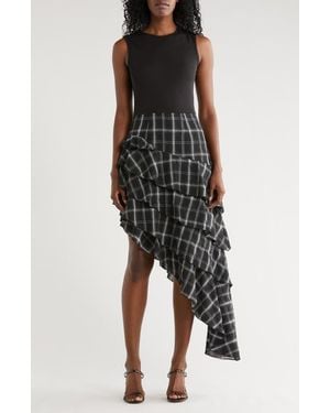 AREA STARS Asymmetrical Plaid Mixed Media Dress - Black