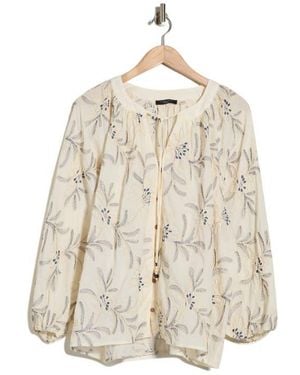 Tahari Embroidered Long Sleeve Cotton Top - Natural