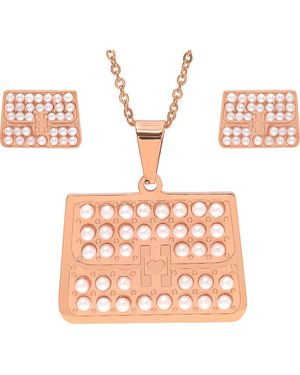 Steeltime 18K Plated Imitation Pearl Necklace & Earrings Set - Pink