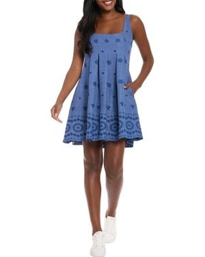 London Times Embroidered Eyelet Sleeveless Pleated Trapeze Dress - Blue