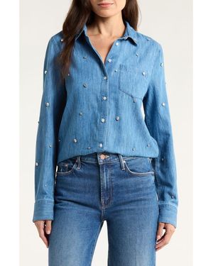 Caslon Crystal Embellished Denim Button-Up Shirt - Blue